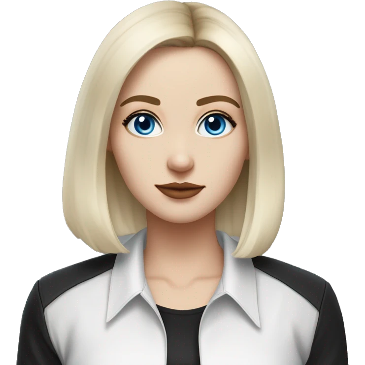 waist-length portrait, look up, Slavic adult woman, goth eyes makeup, blue eyes, medium bob black-to-blonde ombre straight hair, white T-shirt and black office jacket. emoji