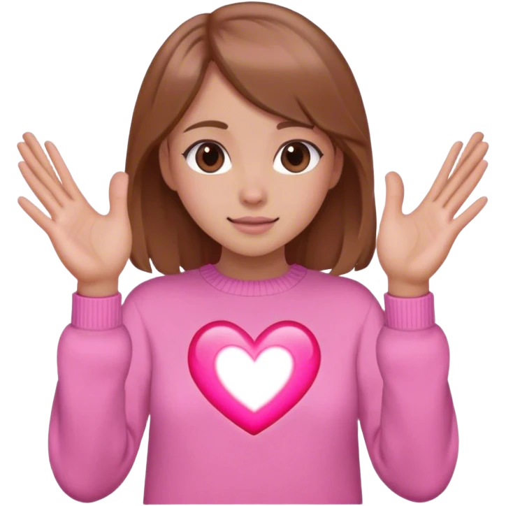 girl in pink sweater with light brown hair shows heart with hands emoji