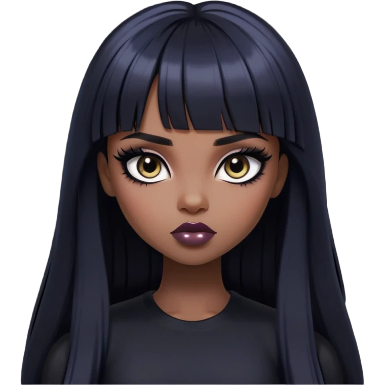 straight black long bangs hair, pale skin, dark black iris, pretty bratz baddie, strong black eyeliner emoji