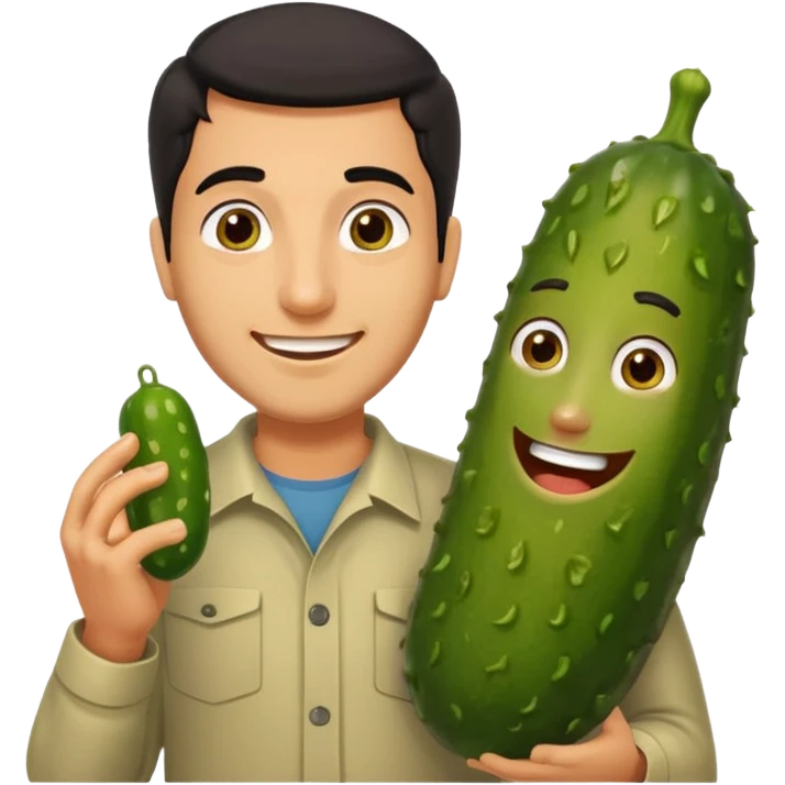 Dark haired Arab man standing next to a pickle with a face on it emoji