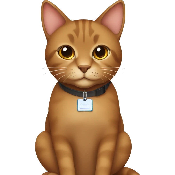 brown cat with a name tag saying avgustina sitting at a desk infront if a laptop emoji