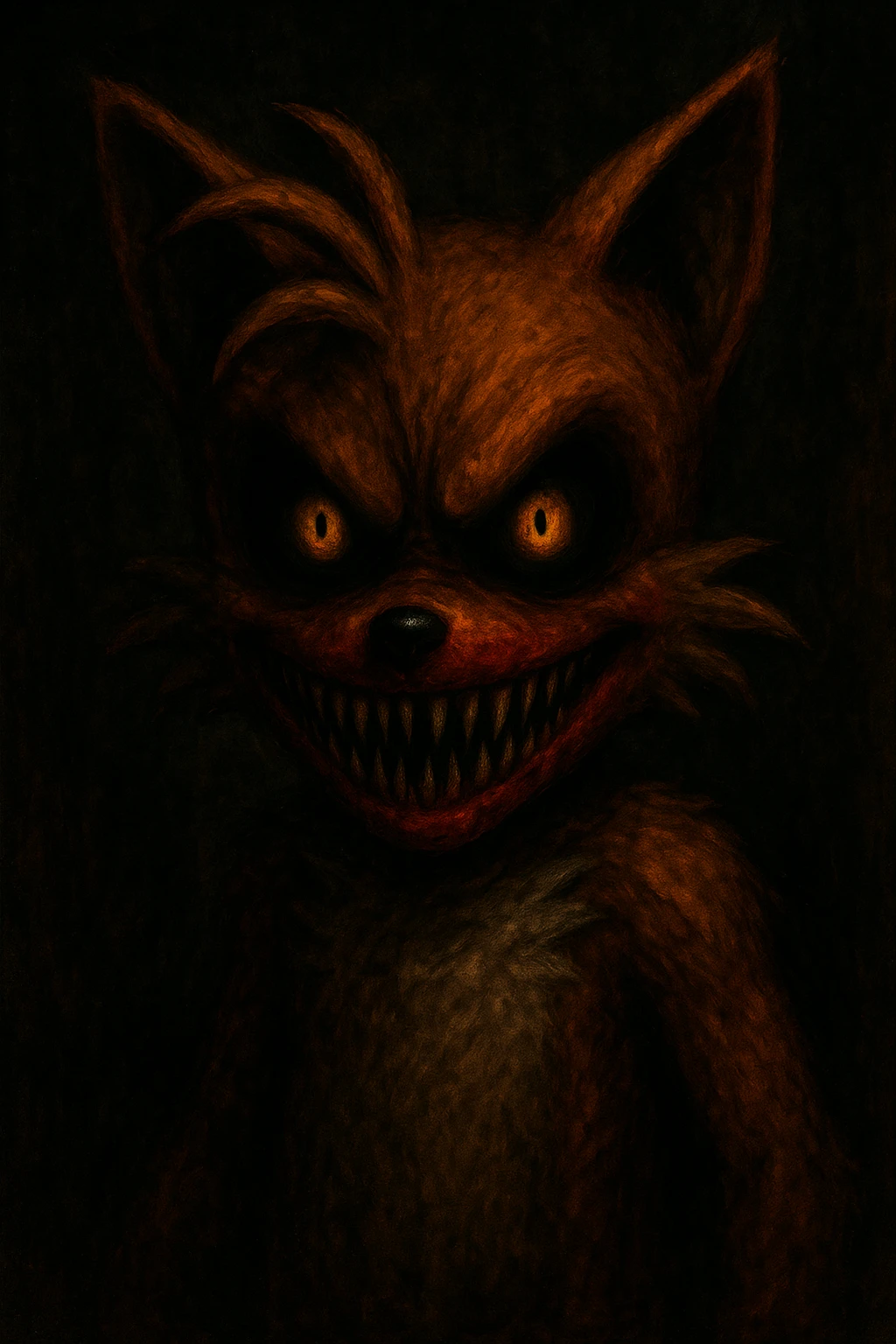 Tailsanator.OBM from Sonic the Hedgehog in horror style with black eyes, yellow-orange pupils, dark orange fur, sharp pointy teeth, red lips, menacing expression, scary atmosphere emoji