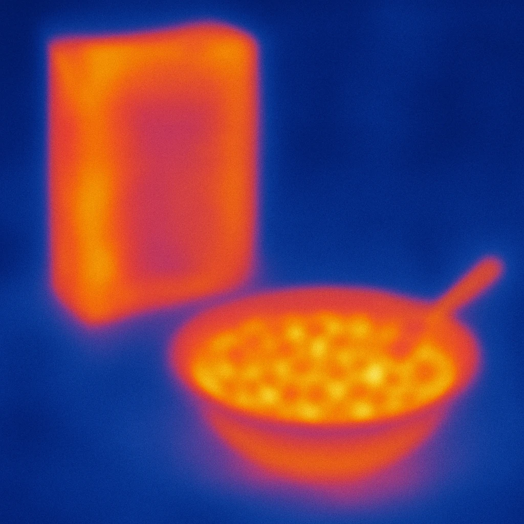 A plate with milk and cereal and a cereal box, with background emoji