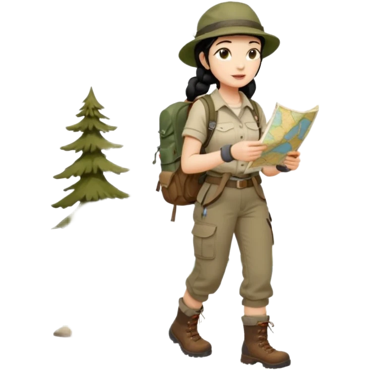 A braid black hair backpacking woman checking her map with curious eyes while walking wear camping hat and dirt covered boots full body emoji