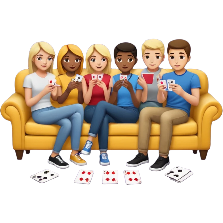 group of friends on couch playing a card game couch should be deep dark yellow color emoji