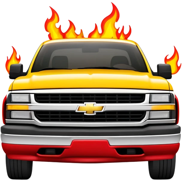 Bright yellow 1997 Chevrolet C-2500 Crew Cab Silverado from Kill Bill with red flame decals on the front hood, 30-degree view showing flames clearly, iOS emoji style emoji