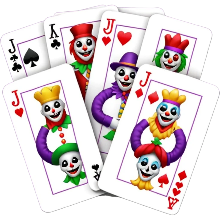 bunch of 3 poker cards, with crazy colorful jolly jokers inside emoji