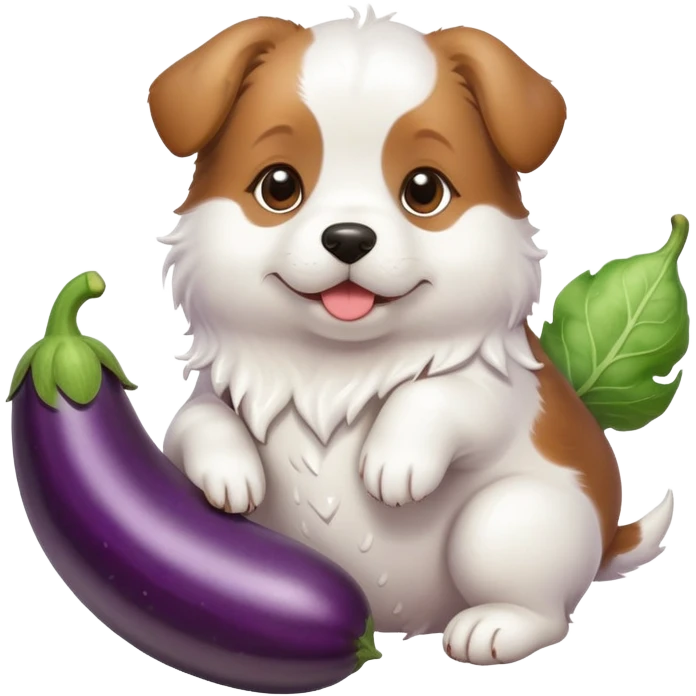 A puppy holding an eggplant splashed in white paint emoji