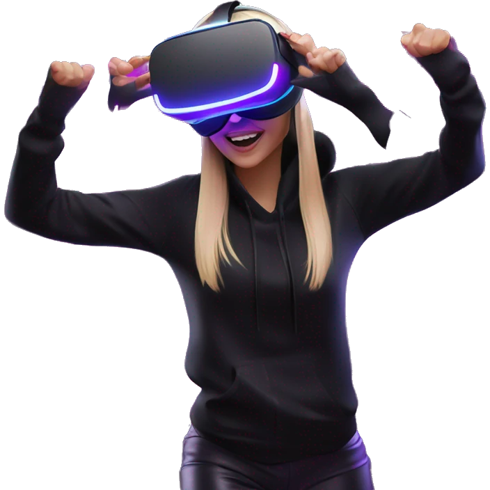 Russian girl wearing black hoody with violet letters "OMG", in vr headset oculus quest2. Dancing. Cyberpunk style. Violet neon. emoji