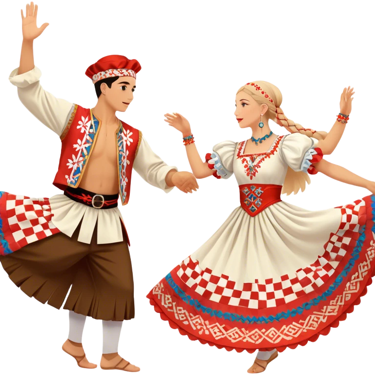 Cinematic Realistic scene of two performers engaging in the Croatian Linđo folk dance, adorned in vibrant traditional costumes with intricate patterns and accessories, captured in graceful, synchronized motion under festive natural lighting. emoji