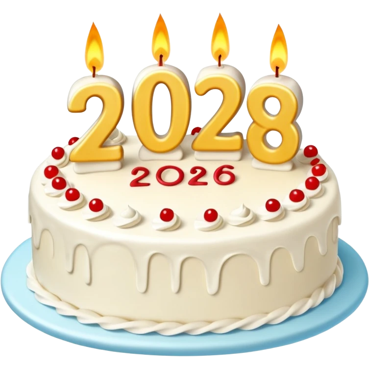 A festive New Year cake with lit candles shaped as the number 2026,
warm lighting, celebratory atmosphere,
soft background, high quality, clean composition emoji