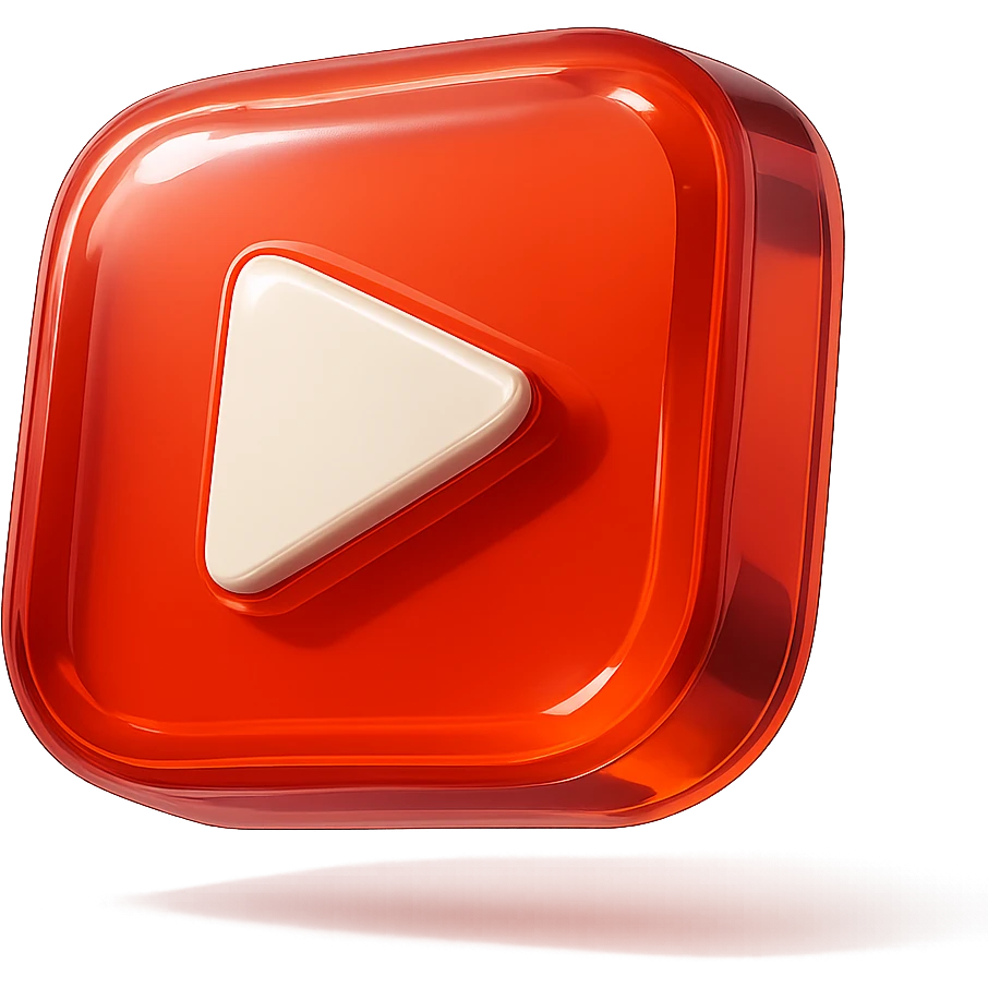 Create a plump glossy YouTube logo with a transparent background, sharp contour, expressive shadows and highlights, similar to the provided example. emoji
