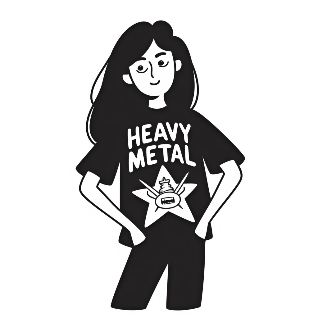 A person with long black hair, wearing a heavy metal band shirt, with a cool smirk on their face emoji