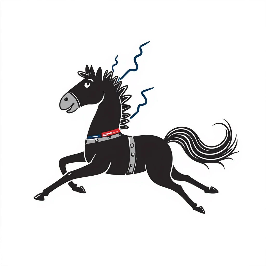 Fast running electric horse constructed from metal plates, bolts, blue and red wires, with electricity and lightning coursing through its body emoji
