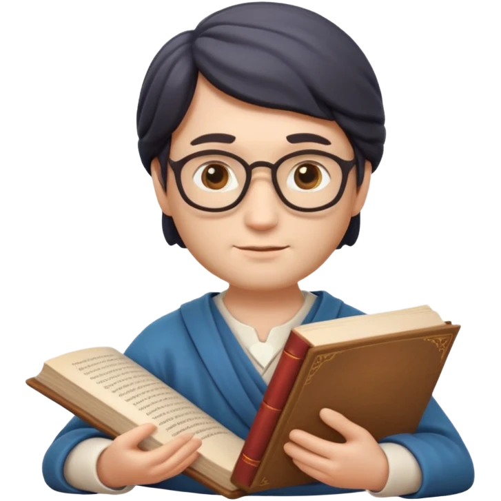 Apple Memoji-style 3D emoji of a philosopher in a thoughtful pose with a scroll or book, clean gradients, rounded shapes, no background.
 emoji