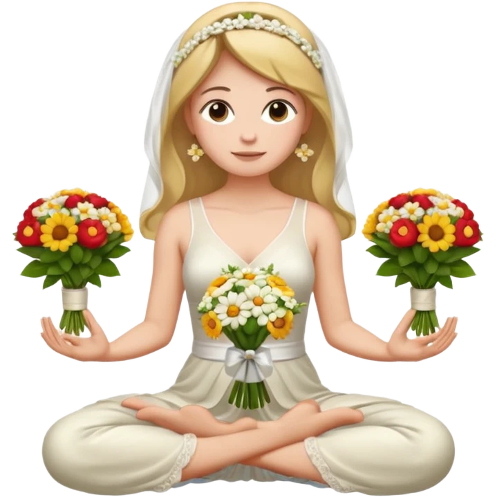bride sitting cross-legged meditating with bouquet in hands, emoji style emoji
