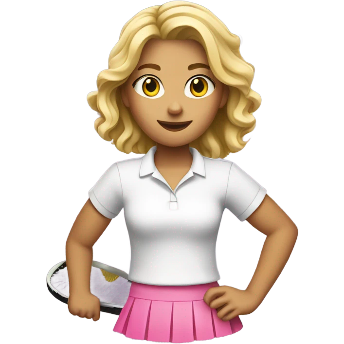Blonde girl wearing white shirt and pink skirt holding a tennis racquet  emoji