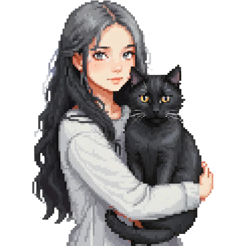 Beautiful girl with long black hair hugs a gray and blond mixed breed cat emoji