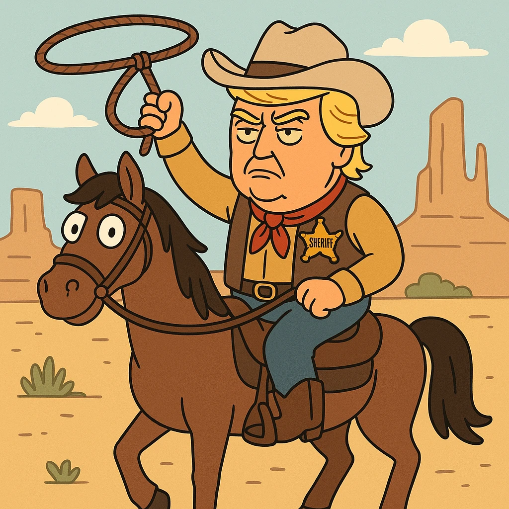 Donald Trump as a cowboy, riding a horse, with a sheriff badge, western desert background, cartoon style emoji
