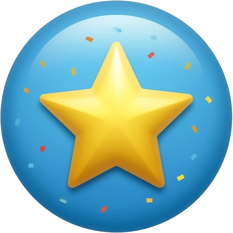 Create a compact celebratory emoji: gold star bursting out of a blue circle with tiny confetti, centered composition, clean lines, readable emoji