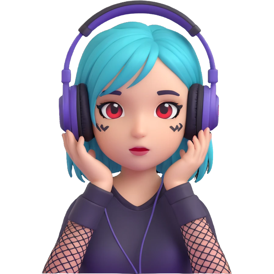 emo girl, fishnet sleeves, dyed hair with streaks, headphones, shy expression, modern emoji style emoji