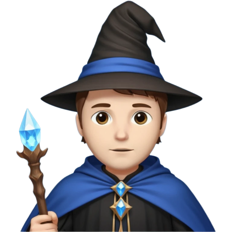 A white-skinned man with brown hair stands in sharp black clothing. He wears a pointed wizard hat and cape, holding a wooden staff crowned with a glowing blue crystal. His calm expression and steady posture suggest quiet mastery and a blend of magic, mystery, and modern elegance. emoji
