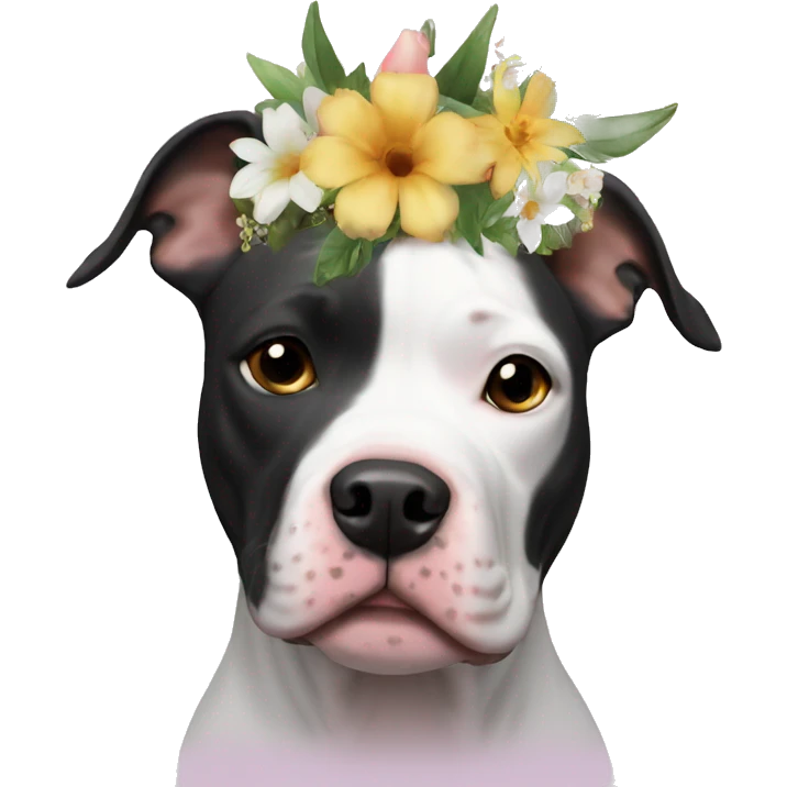 Black and white Pitbull with floral crown emoji
