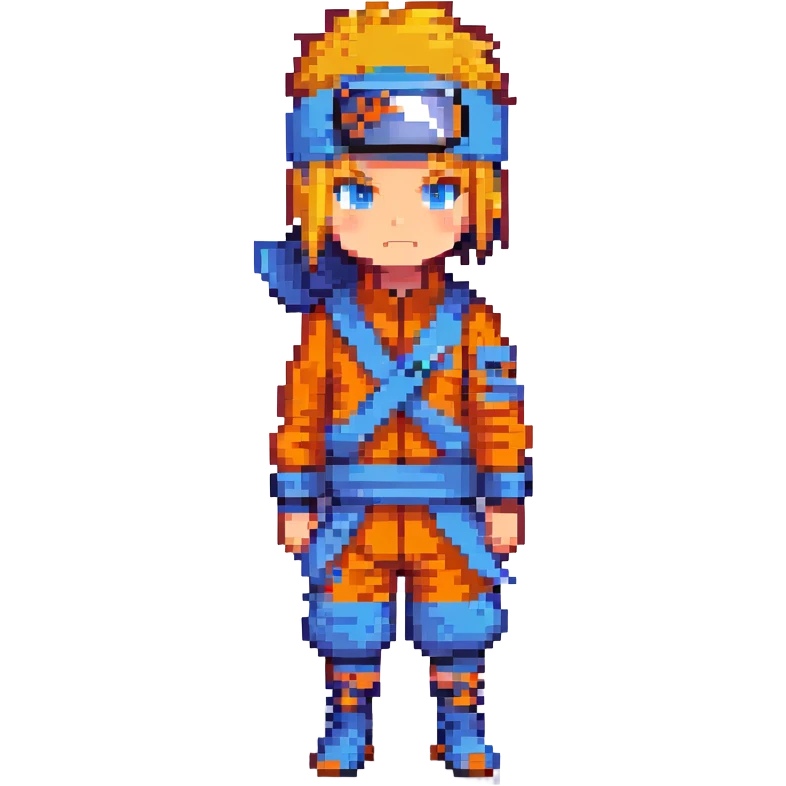 Naruto character in pixel art style, simplified features, orange and blue outfit, ninja headband emoji