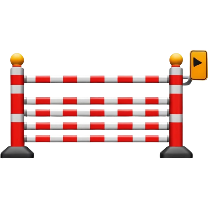 Flat emoji-style icon of a parking barrier gate (boom barrier).
Red and white striped horizontal arm, raised at a slight angle.
Simple geometric shapes, clean vector design.
No text, no background, transparent or plain background.
Bright colors, high contrast.
Centered object, minimal details. emoji