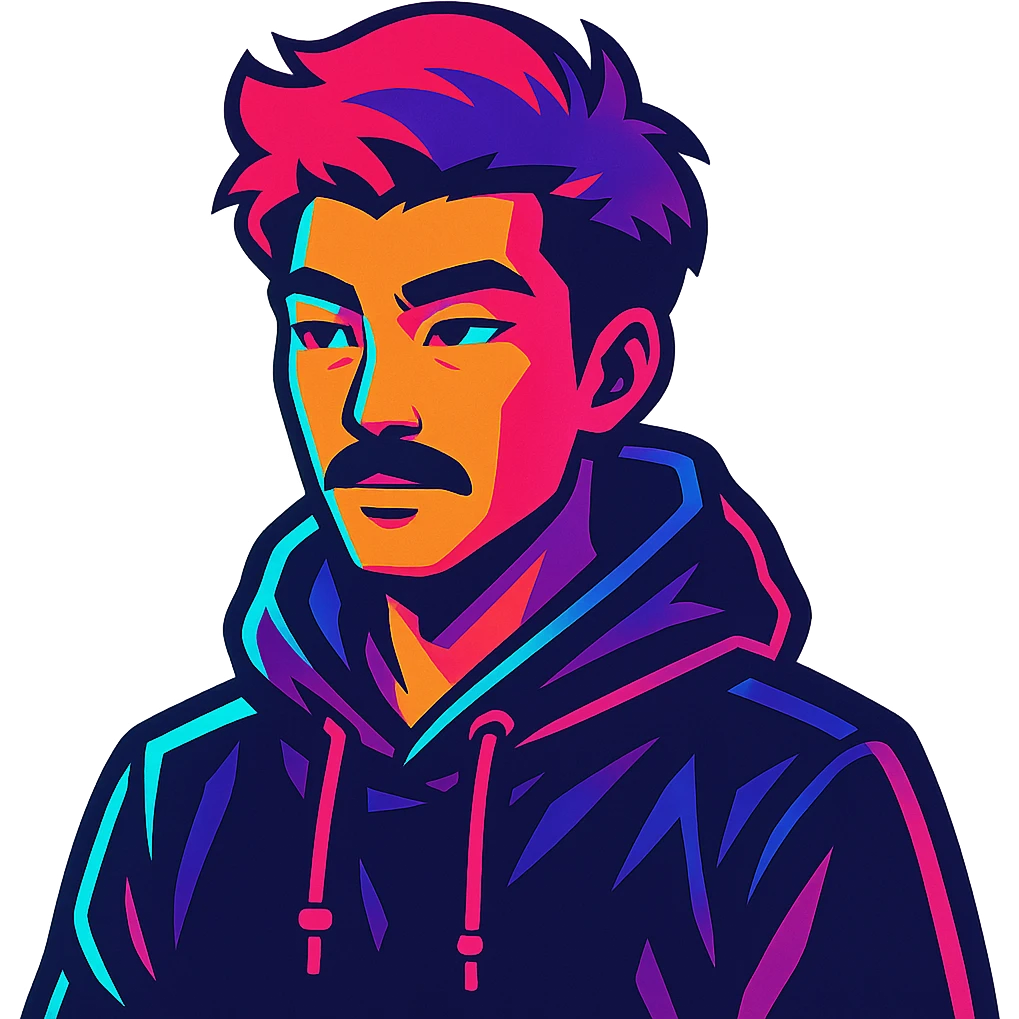 Asian man with black mustache, red hair, black hoodie, in vibrant neon-lit 80's cyberpunk anime style emoji