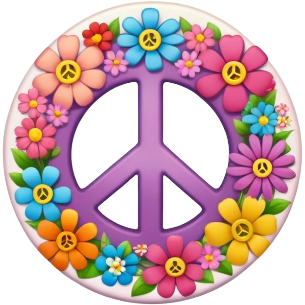 A round hippie colored button with a peace sign and flowers in the center emoji