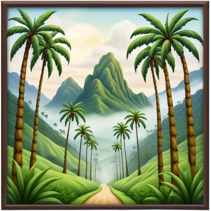 Cinematic Realistic Cocora Valley Landscape Emoji, depicted with towering wax palm trees in a lush, misty valley rendered with rich textures and dynamic, natural lighting. emoji