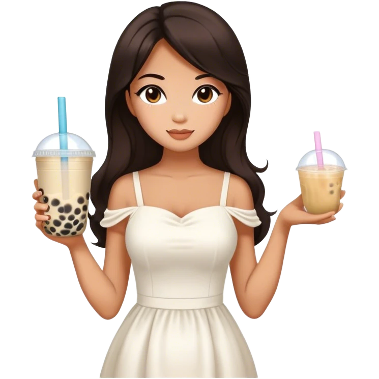Beautiful woman in 1965’s woman fashion look, white dress, long dark brown hair, bubble tea emoji