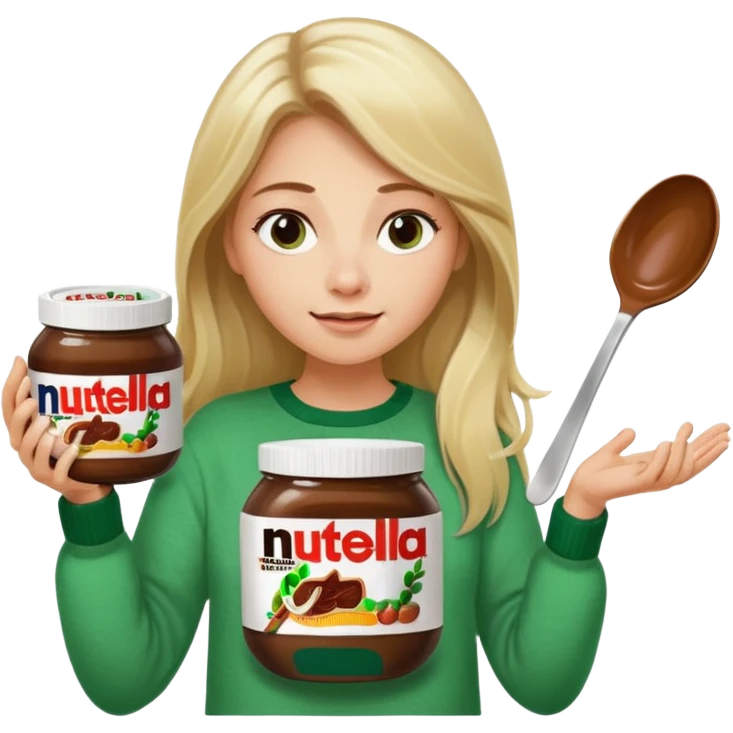 Blond woman with white and green pullover holds in one hand a big carriage of Nutella and in the other hand a oversized spoon which is inside the jar of Nutella. Her hair is long. And the Nutella jar is very big emoji