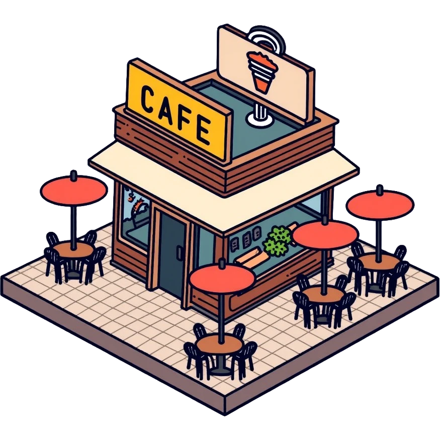 isometric corner cafe shop with outdoor seating and umbrellas emoji