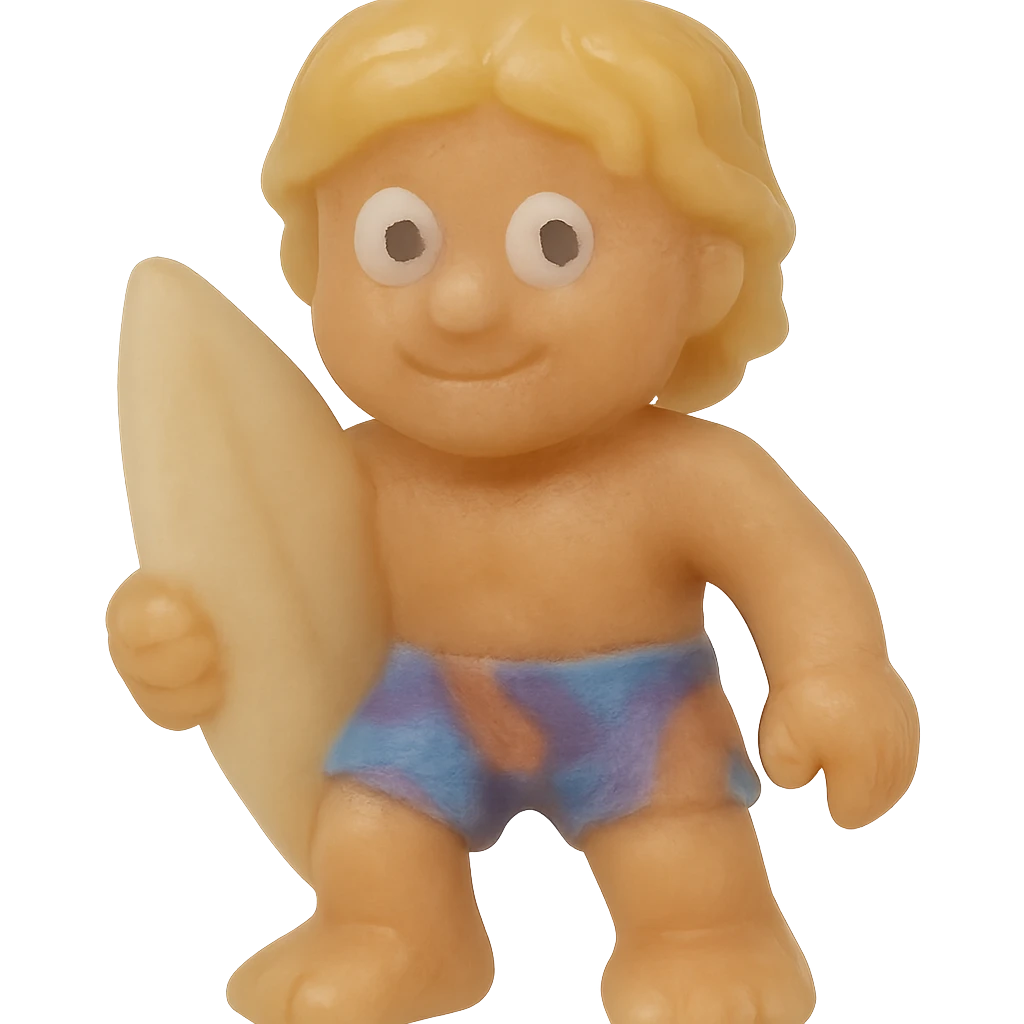 Make the surfer bro much more transparent and match the exact retro 90's toy style of the previous ocean animal emojis. Use natural colors (tan skin, blonde hair, colorful shorts), derpy eyes, no tag, no background. Soft plastic, soft reflections, soft and squishy, some cloudiness, not shiny, highly detailed, appealing. The style should resemble retro 90's soft plastic toy style with soft reflections and cloudiness, not shiny. emoji