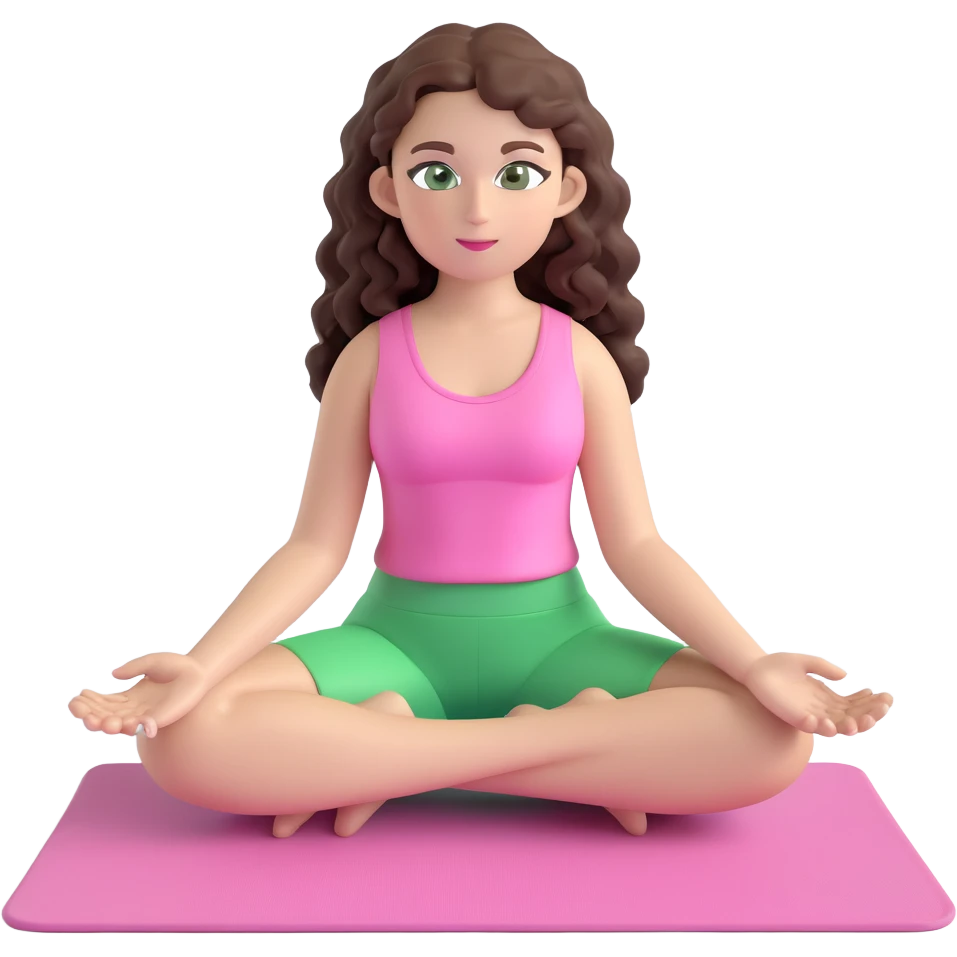 dark brown long curly hair, green eyes, beautiful girl in light pink clothes sitting on a yoga mat, emoji style emoji