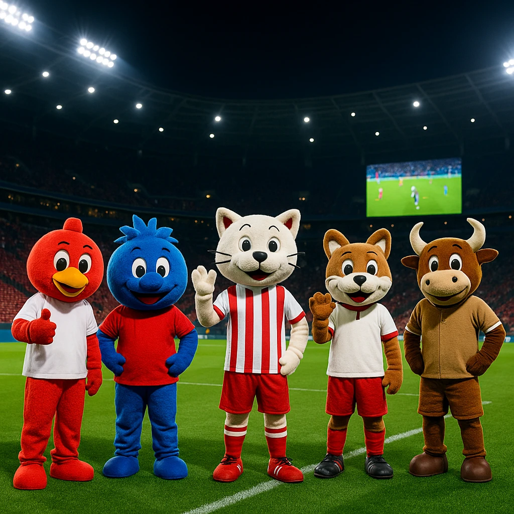 Nighttime soccer stadium scene with bright lights, green grass, and five mascots in a row: red and white on the left, blue and red in the center, white and red striped next to it, brown and white on the far right. Empty red seats, a big screen showing a soccer match, distant crowd, and modern architecture create a lively, fun sports event atmosphere. emoji