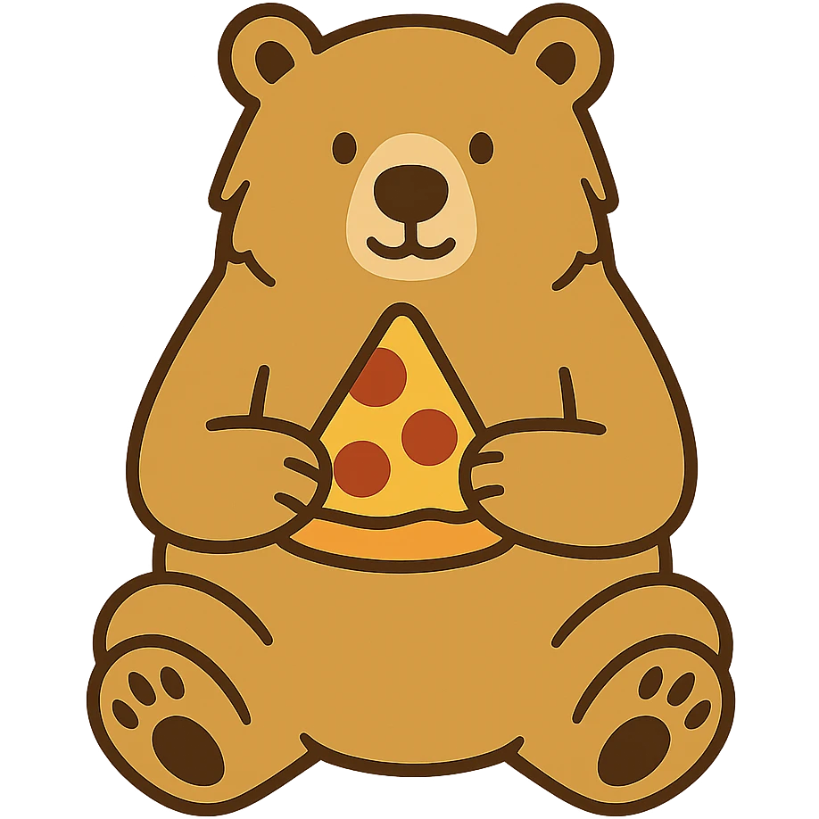 flat toon style blonde grizzly bear sitting, full body, holding a slice of cheese pizza emoji