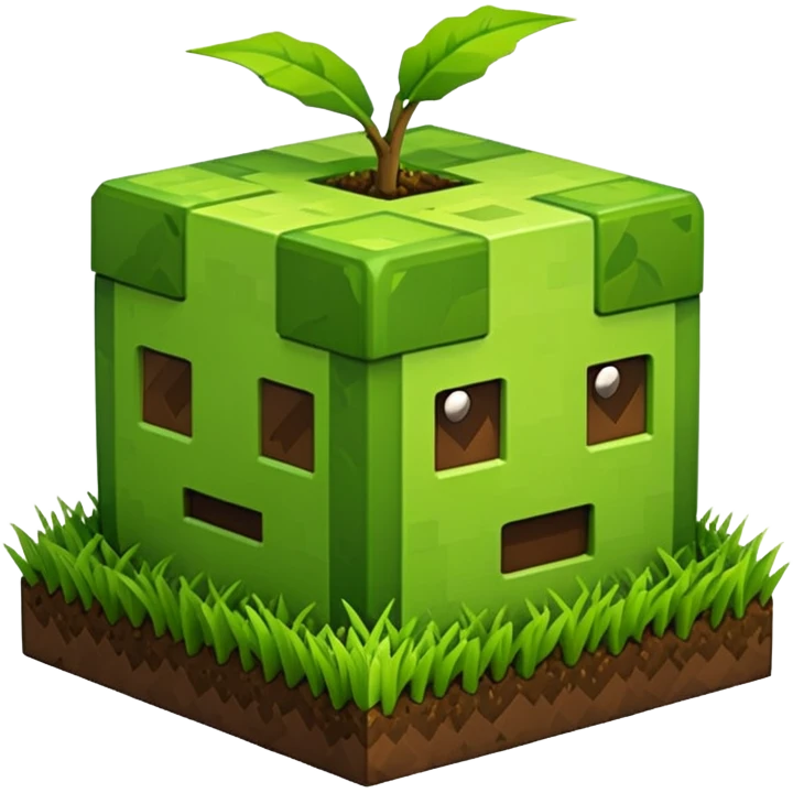 A 3D Apple-style emoji of a Minecraft grass block, cubic shape, with bright green grass on top and brown soil with pixel texture on the sides, simple and cute cartoon design. emoji