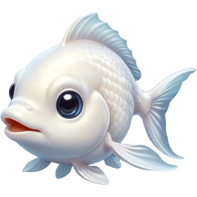 Cinematic Cute White Goldfish Portrait Emoji, Head tilted playfully and inquisitively, featuring a glossy, pure white body with delicate, shimmering scales and round, sparkling pale eyes filled with curiosity, Simplified yet irresistibly adorable features, highly detailed, glowing with a warm, friendly glow, high shine, affectionate and lively, stylized with a touch of whimsy, bright and endearing, soft glowing outline, capturing the essence of a mischievous yet loving goldfish, so playful it feels like it could swim out of the screen and into your heart! emoji
