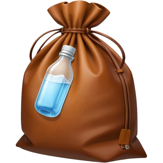 white transparent plastic bottles popping out of a leather brown bundle bag emoji