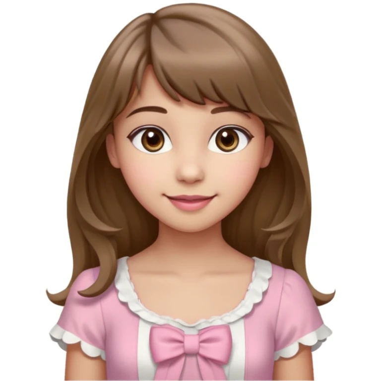 A teenage cute girl with very light olive skin and soft pinkish cheeks. Large bambie dark hazel eyes. Long wavy light brown hair with soft bangs. Features are very feminine and beautiful. medium straight nose with a soft tip. Medium natural pink lips. Wearing a simple dress in pink and white.  emoji