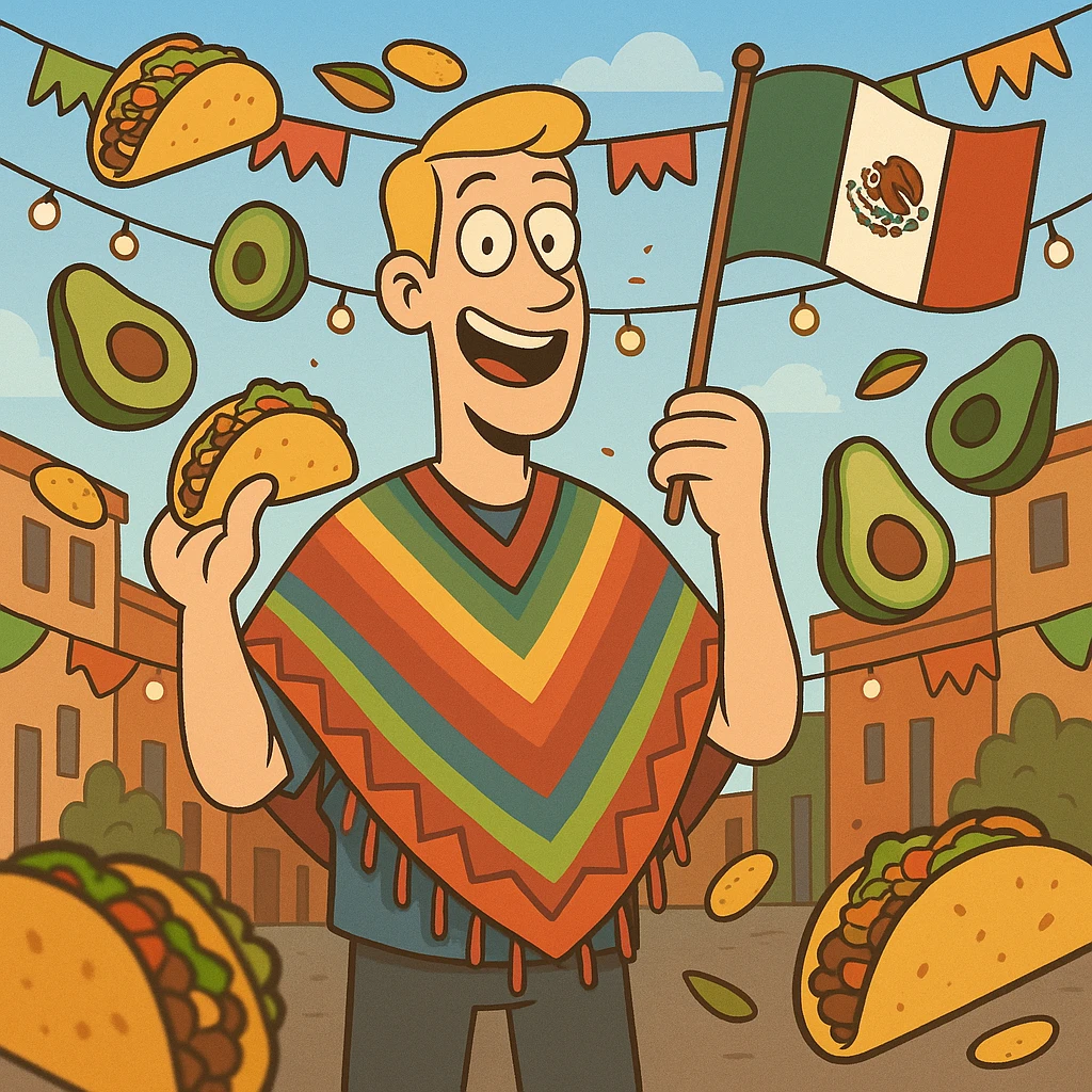 playful cartoon of a tall white American with blonde hair, colorful poncho, smiling, holding taco and avocado, waving Mexico flag, surrounded by tacos and avocados, street party scene emoji