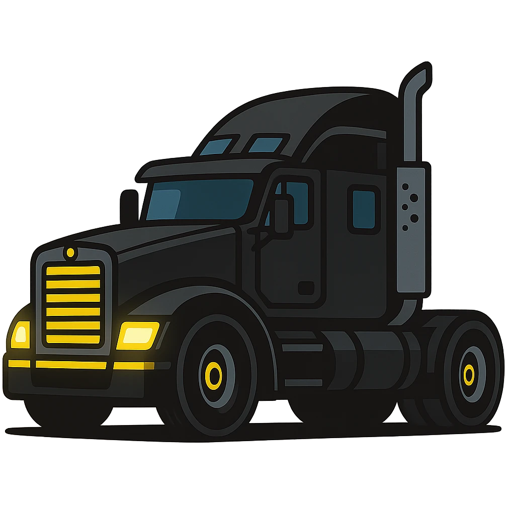 Change the 2026 Kenworth Sleeper semi truck to black color, keep the cartoonish vibrant style, side view, headlights on, no background. emoji