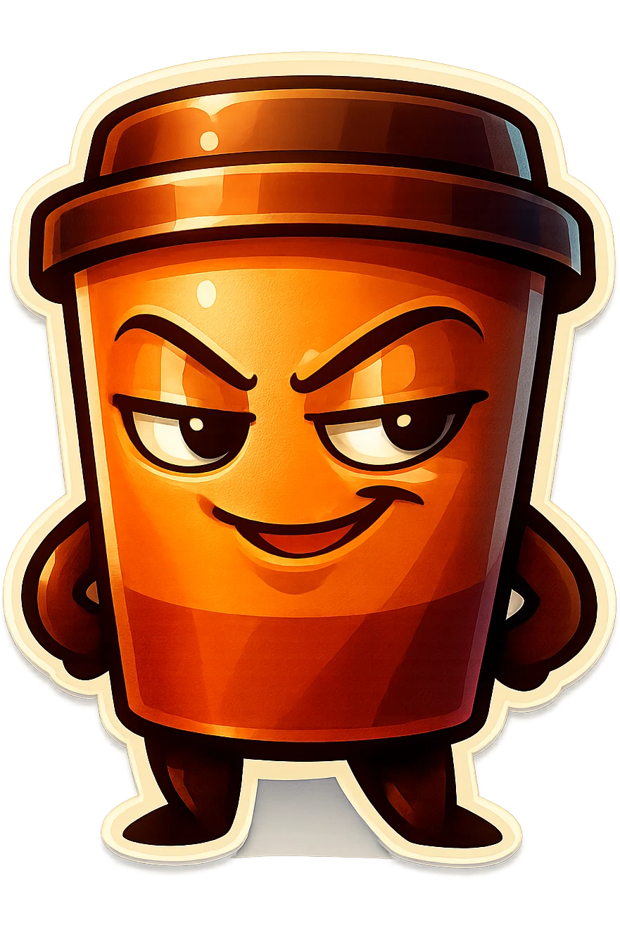 Tall coffee cup, dramatic, naughty flirty, smirking emoji