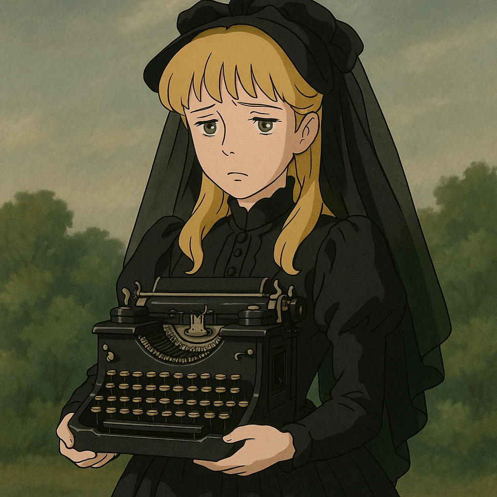 Sad Blonde Victorian woman with bangs wearing a black silk mourning gown and holding a black typewriter emoji
