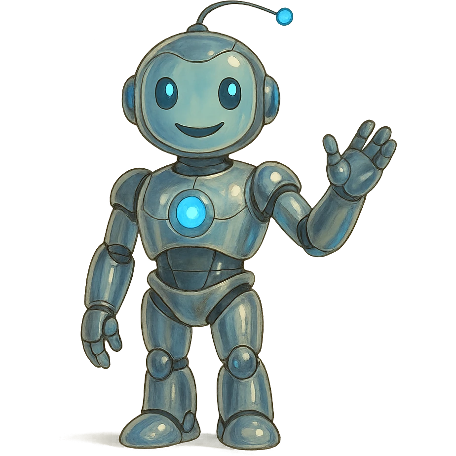 futuristic AI-Ambassador character, sleek humanoid robot with glowing blue accents, friendly expression, chrome and glass elements in ghibli style emoji