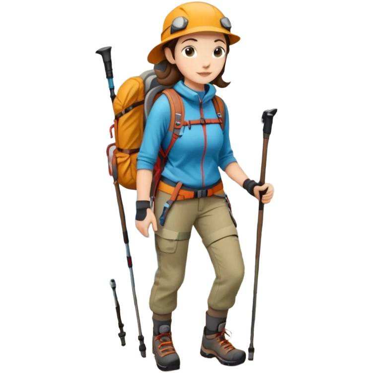 female mountain climber with backpack and hiking poles emoji