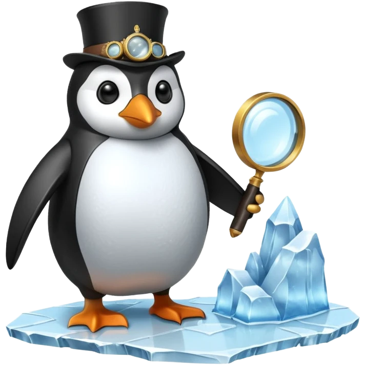 a steampunk engineer penguin analysing a matrix-like data stream descending from the sky, with a magnifying glass on top of an iceberg emoji